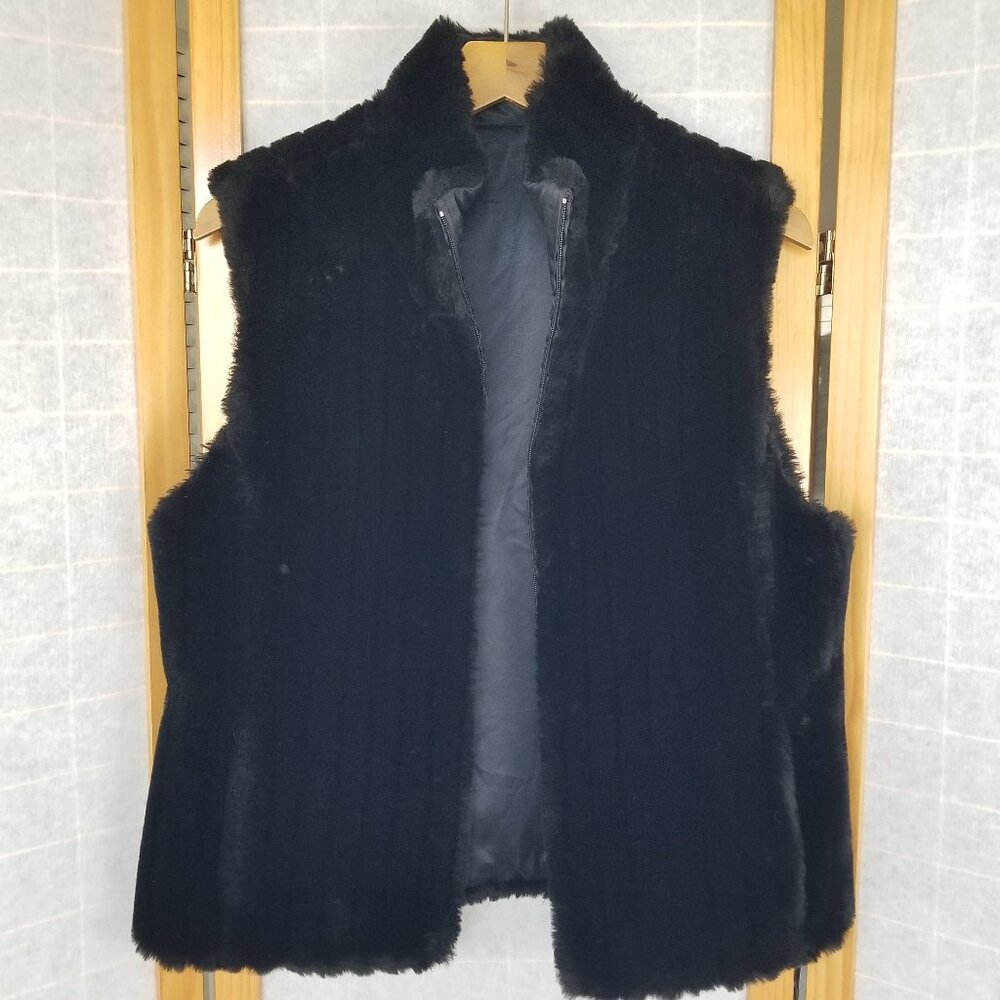 1980s Express Black Faux Fur Vest Coat Zip Up Reversible to Satin Size Medium